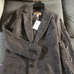 Micheal Kors Derby Embroidered Grey Wool Coat 0/xs